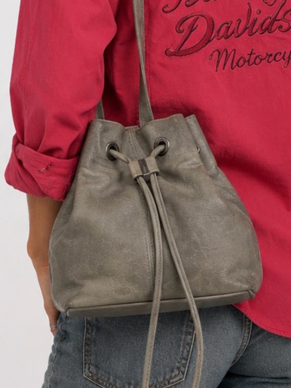 HOBO original Gray green Leather Drawstring Bucket Backpack Bag Silver Accents